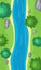 Flowing river top view, cartoon curve riverbed with blue water, coastline with stones, trees and green grass