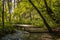 Flowing stream scenery in Plitvice lakes park with boardwalk in front of a waterfall, Croatia