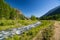 Flowing transparent waters on high altitude alpine stream in idyllic uncontaminated environment in the Alps. Ultra wide angle view