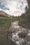 Flowing transparent waters on high altitude alpine stream in idyllic uncontaminated environment in the Italian French Alps. Ultra