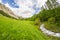 Flowing transparent waters on high altitude alpine stream in idyllic uncontaminated environment in the Italian French Alps. Ultra