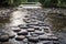 flowing water over smooth pebbles and stepping stones in the park