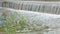 Flowing water at small dam. Water channel with a small waterfall. Summer day.