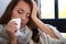 Flu. Closeup image of frustrated sick woman