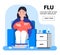 Flu concept vector for website. Sick girl is sitting in armchair with blanket. Woman taking temperature, putting thermometer in