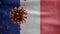 Flu coronavirus floating over French flag. Pandemic covid 19 virus infection