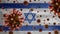 Flu coronavirus floating over Israeli flag. Israel and pandemic Covid 19 virus