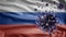 Flu coronavirus floating over Russian flag. Russia and pandemic Covid 19 virus