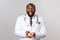 Flu, disease, healthcare and medicine concept. Excited cheerful african-american doctor look amazed, sharing great news
