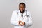 Flu, disease, healthcare and medicine concept. Excited and enthusiastic african-american doctor look astonished and