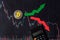 Fluctuations  and forecasting of exchange rates of virtual money bitcoin. Red and green arrows with golden Bitcoin ladder on black