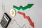 Fluctuations  and forecasting of exchange rates of virtual money bitcoin. Red and green arrows with golden Bitcoin ladder on gray