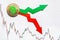 Fluctuations and forecasting of exchange rates of virtual money bitcoin. Red and green arrows with golden Bitcoin ladder on paper