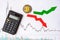 Fluctuations  and forecasting of exchange rates of virtual money bitcoin. Red and green arrows with golden Bitcoin ladder on white