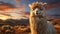 A fluffy alpaca grazes in the meadow, bathed in sunset generated by AI