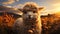 A fluffy alpaca grazes in the meadow under the sunset generated by AI