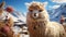 Fluffy alpaca grazes in snowy meadow, looking cute at camera generated by AI