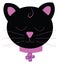 A fluffy black kitten with bright purple neck ribbon bow vector color drawing or illustration