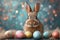 A fluffy brown and white rabbit sitting amidst several colorful Easter eggs against a whimsical blue