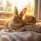 Fluffy Bunnies Cuddle Up on Cozy Blanket at Sunset