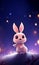 Fluffy Bunny on a Meadow at Night with Fireflies