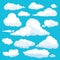 Fluffy cartoon clouds. Shine sky weather illustration panorama clean vector set isolated