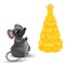 Fluffy Cartoon Metallic Gray Rat with a Christmas tree made of cheese - New Years card