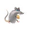 Fluffy cartoon mouse with a piece of cheese on light background. Gray cute, isolated. Vector illustration rodent character