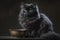 Fluffy cat with a bowl of food, black cat, pet cat, generative ai