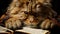 A fluffy cat laying on top of an open book. Generative AI image.