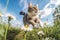 Fluffy cat running at fast pace towards the camera in flowering meadow, wide angle shot. Generative AI