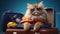 Fluffy cat wearing sunglasses laying on travel bags, going on vacation, generative ai