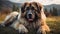 Fluffy Caucasian shepherd dog is lying on a green grass. Caucasian Shepherd dog in the yard