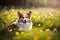 Fluffy Corgi dog in a sunny spring meadow with wildflowers