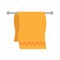 Fluffy cotton kitchen towel of orange color weighs on the holder for towels. Vector illustration.