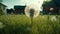 Fluffy dandelion seed blowing in the wind, a tranquil meadow generated by AI