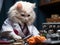 Fluffy doctor cat with toy patient