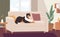 Fluffy dog lying on couch in modern living room. Happy pet resting on sofa at home. Colored flat vector illustration of