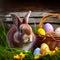 Fluffy Easter bunny with a basket of festive Easter eggs - AI generated image