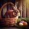 Fluffy Easter bunny with a basket of festive Easter eggs - AI generated image
