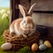 Fluffy Easter bunny with a basket of festive Easter eggs - AI generated image