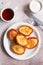 Fluffy Flapjack Pancakes. Fried Pancakes with sour cream and jam. Healthy traditional breakfast. Children`s menu. Fluffy pancakes
