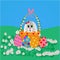 Fluffy foxy rabbit in basket with Easter eggs