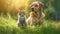 Fluffy friends a tabby cat and a dog labrador are walking in a summer meadow