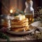 Fluffy Golden Pancakes with Maple Syrup on Vintage Plate