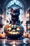 Fluffy Halloween Cute Kitten sitting on a pumpkin