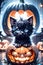 Fluffy Halloween Cute Kitten sitting on a pumpkin