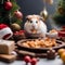 A fluffy hamster enjoying a miniature Christmas feast, wearing a tiny chefs hat3