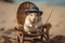 Fluffy Hamster In Tiny Straw Hat, Sitting On Beach Chair Surrounded By Sand. Generative AI