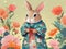 fluffy hare stands in a kimono flowers